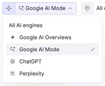 Omnia AI engine selector open with Google AI Mode chosen, listed separately from Google AI Overviews, ChatGPT and Perplexity