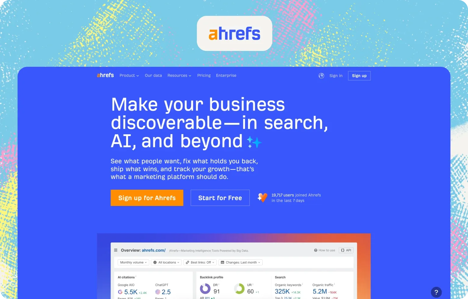 Ahrefs home page, “Make your business discoverable—in search, AI, and beyond”, with an overview showing AI citations in Google AI Overviews and ChatGPT