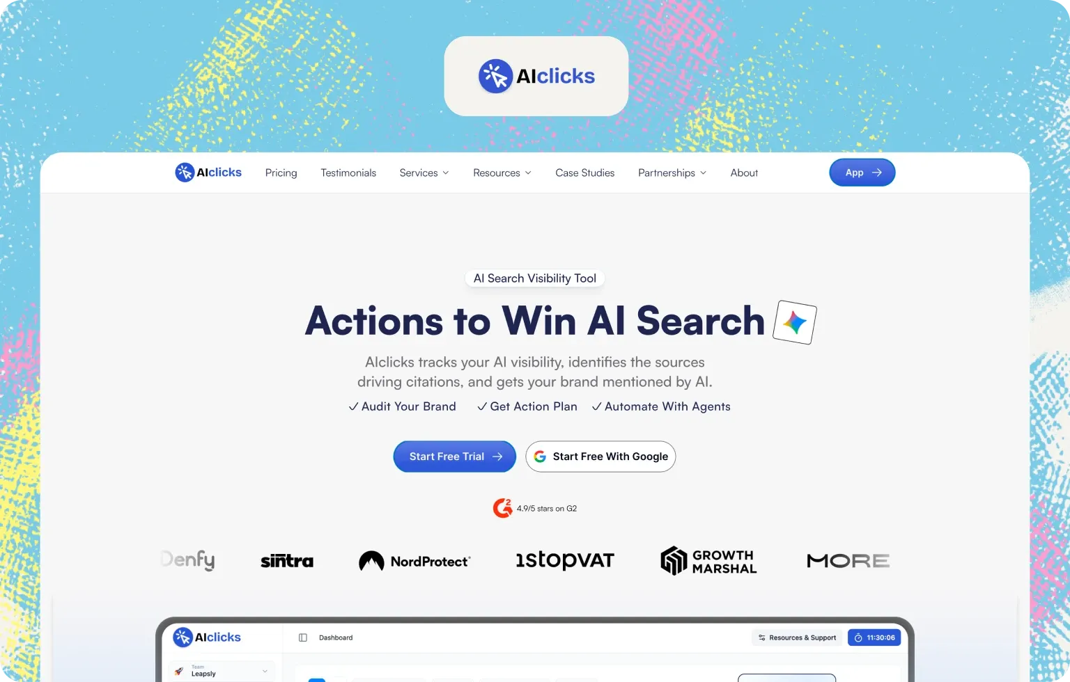 AIclicks homepage, “Actions to Win AI Search”, offering to audit your brand, build an action plan and automate the work with agents