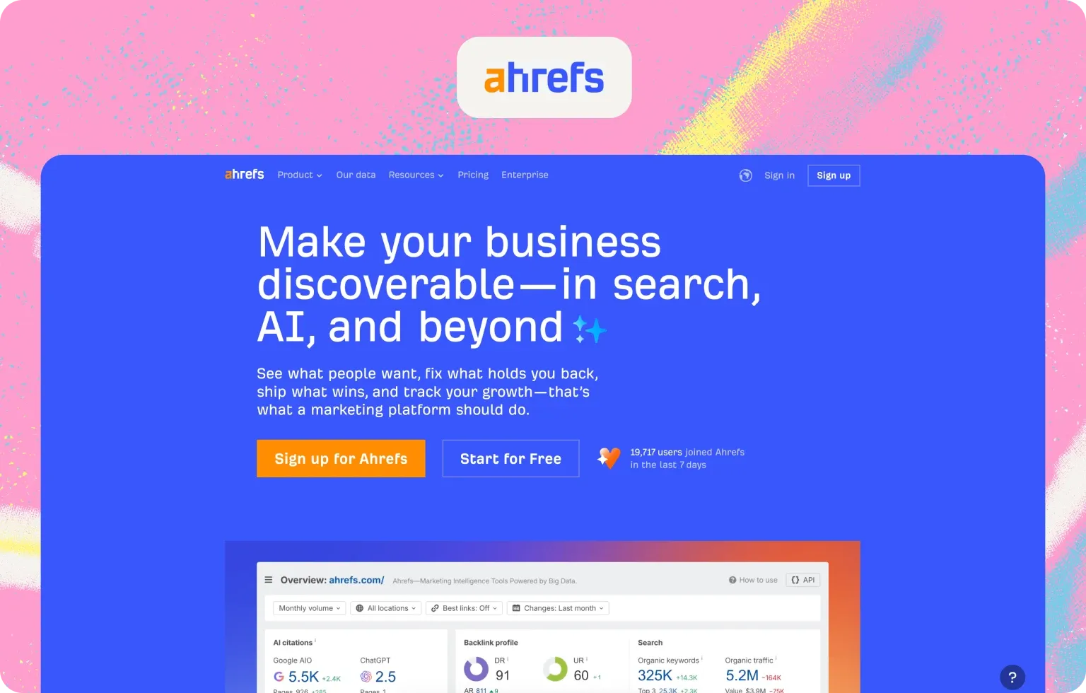 Ahrefs homepage, “Make your business discoverable in search, AI, and beyond”, with an overview showing AI citations and backlinks