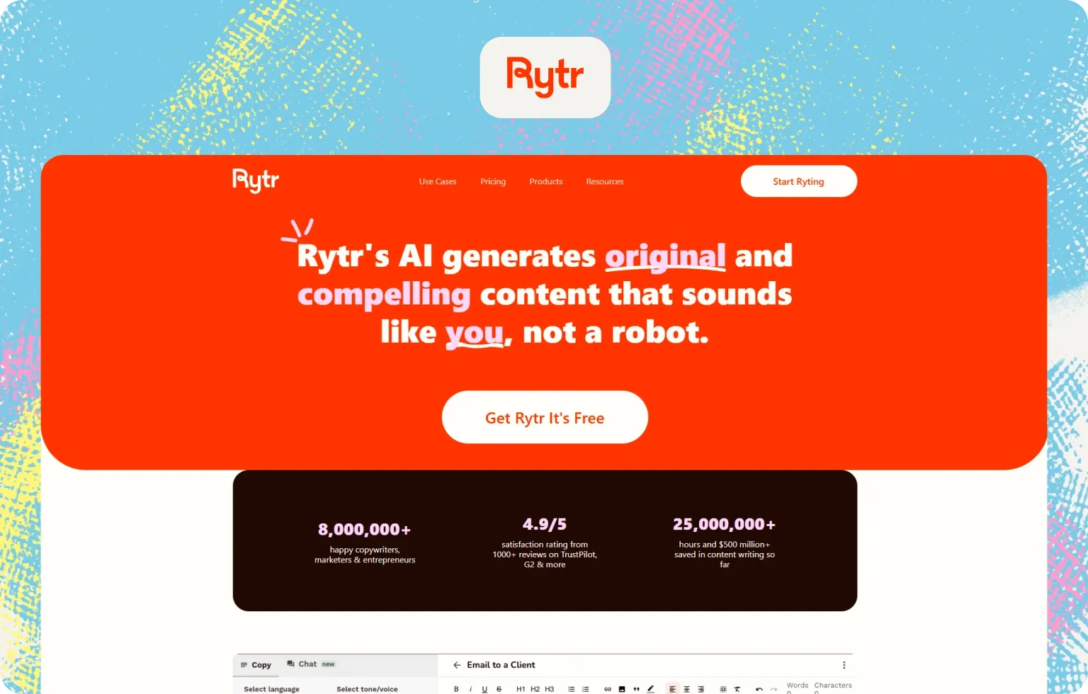 Rytr homepage promising original, compelling content that sounds like you, with 8,000,000+ users and a 4.9/5 rating