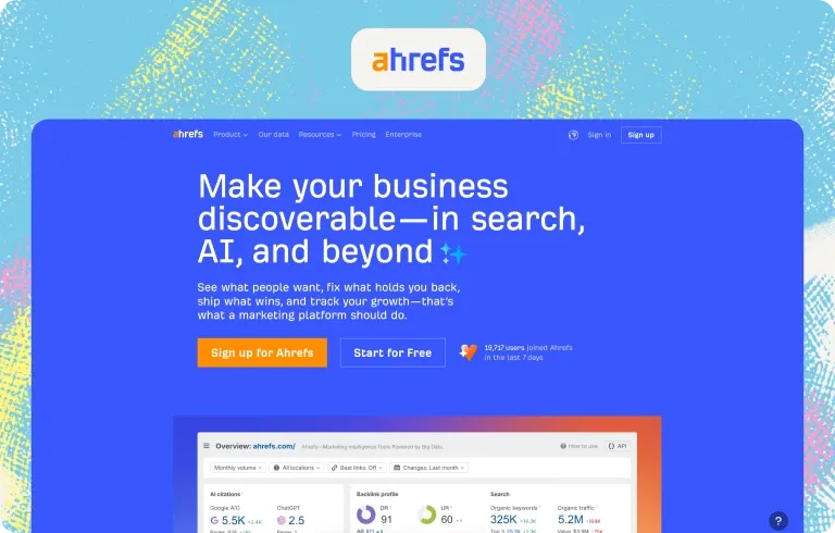 Ahrefs homepage, “Make your business discoverable—in search, AI, and beyond”, with an overview showing AI citations in Google AI Overviews and ChatGPT