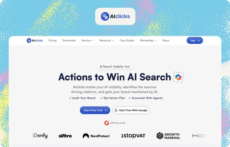 AIclicks homepage, “Actions to Win AI Search”: it tracks AI visibility, identifies the sources driving citations and offers audits, action plans and agents