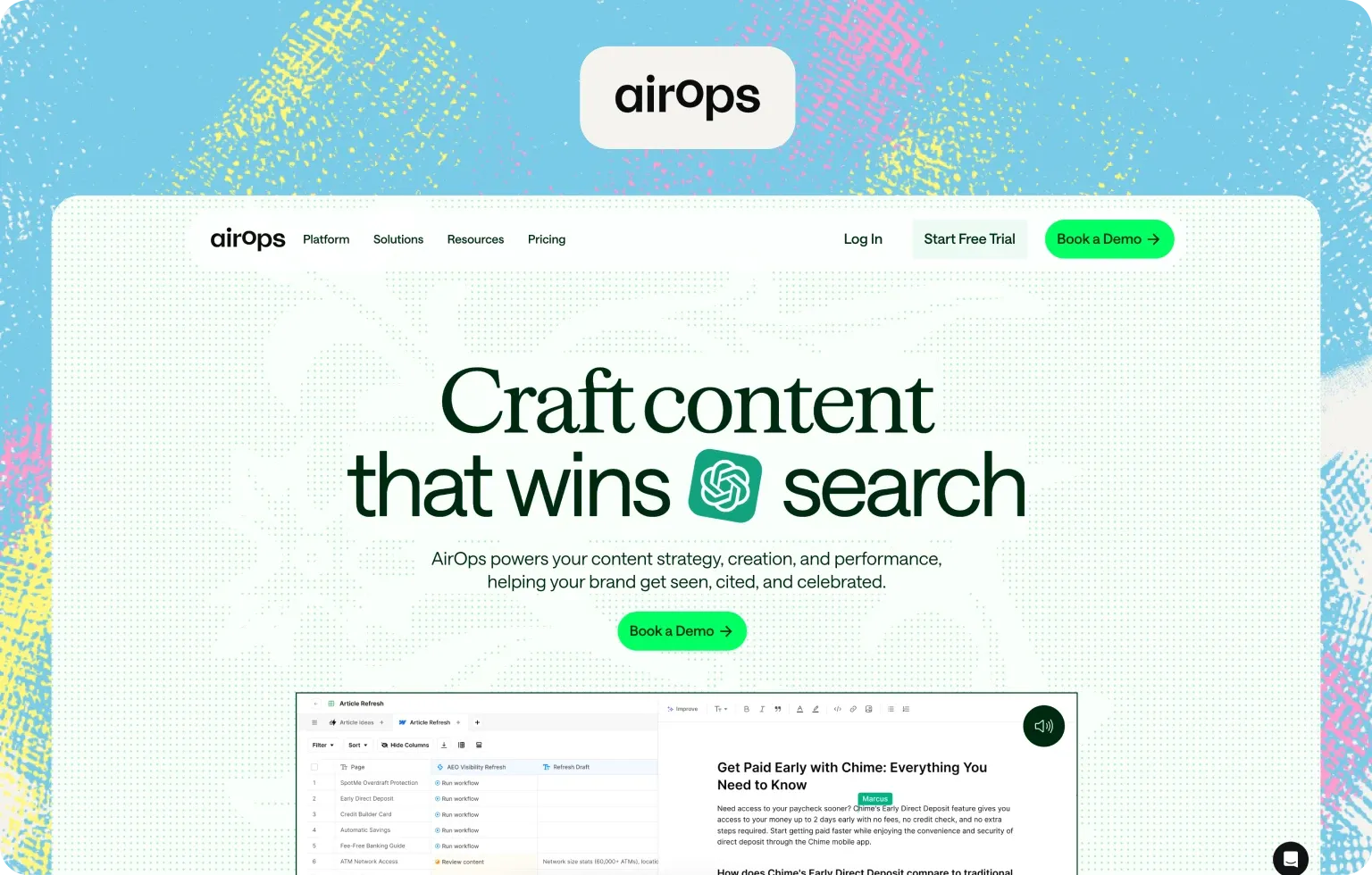 AirOps home page, “Craft content that wins search”, with its content refresh workflow table and article editor