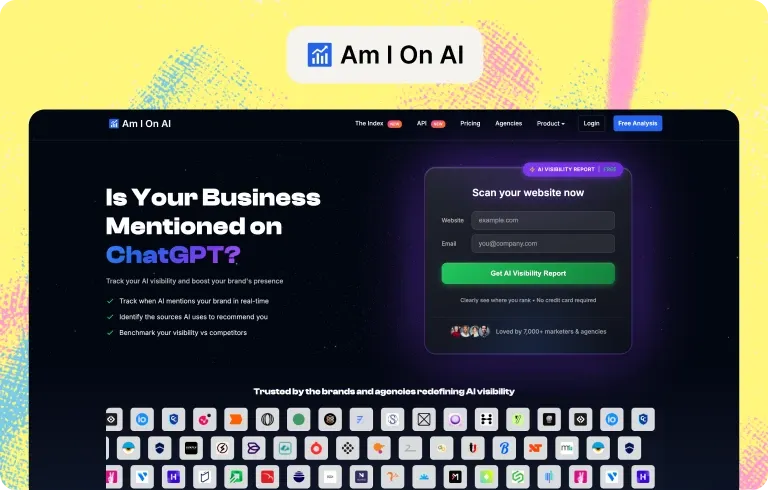 Am I On AI homepage, “Is Your Business Mentioned on ChatGPT?”, with a form to request a free AI visibility report