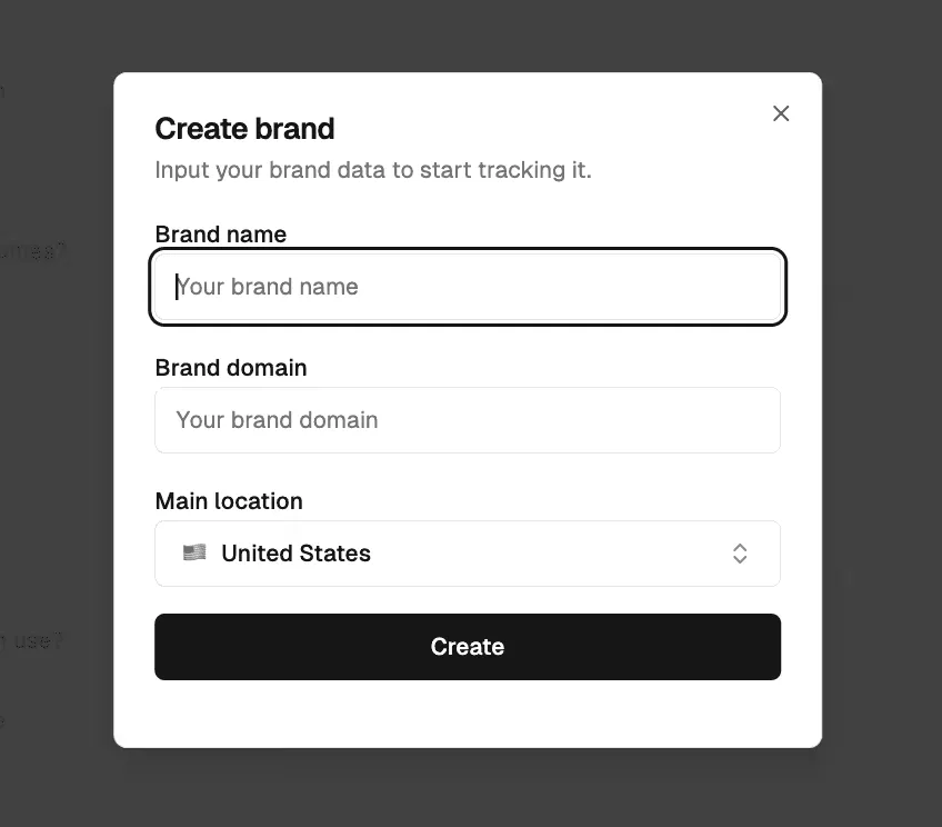 Omnia “Create brand” form asking for brand name, brand domain and main location (United States selected), the inputs Topic Explorer starts from