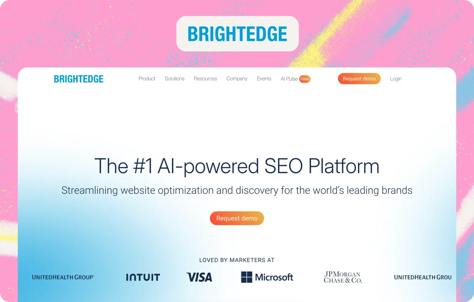 BrightEdge homepage, “The #1 AI-powered SEO Platform”, with a request demo button and enterprise customer logos