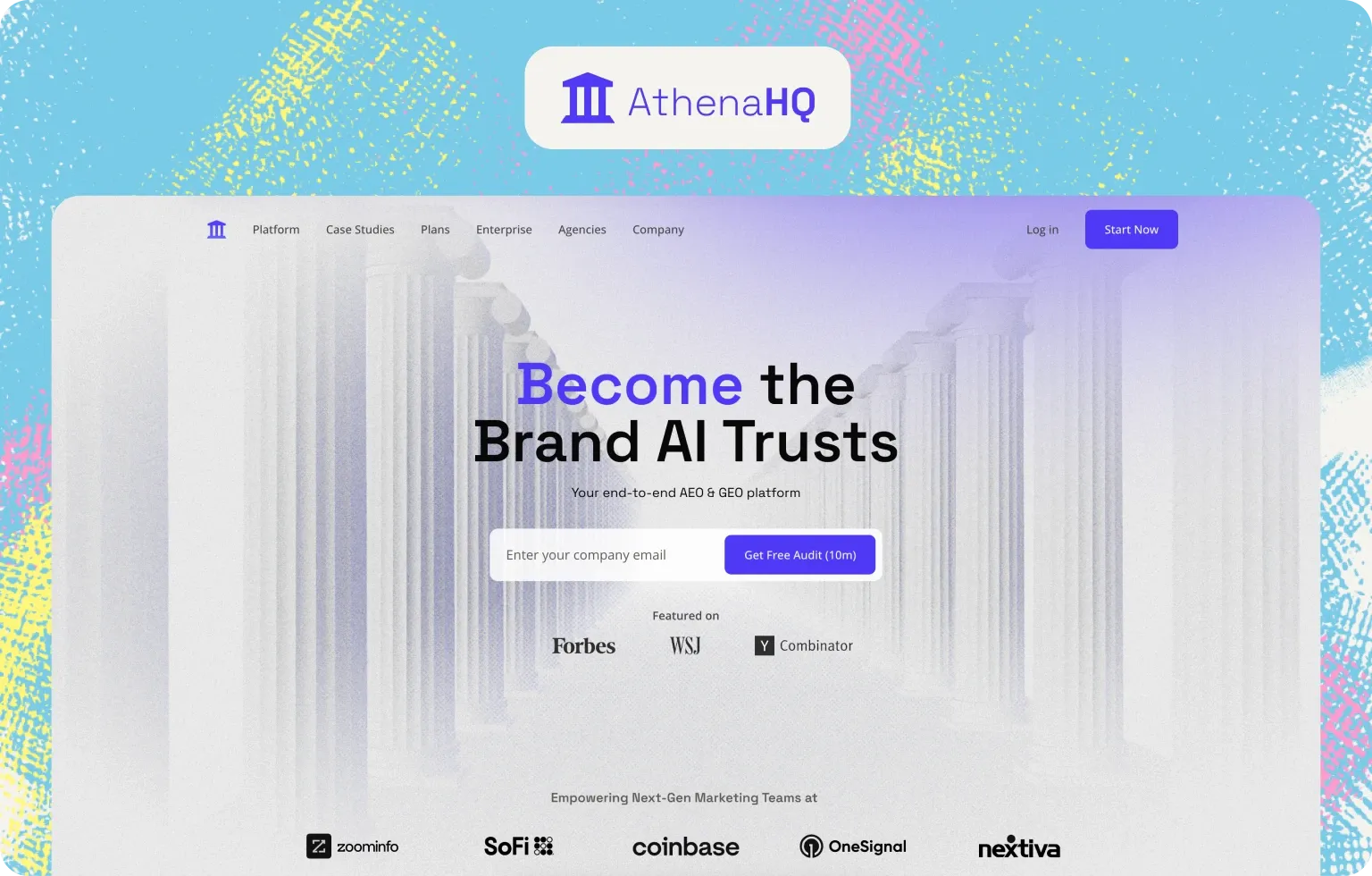 AthenaHQ home page: “Become the brand AI trusts”, an end-to-end AEO and GEO platform offering a free 10-minute audit