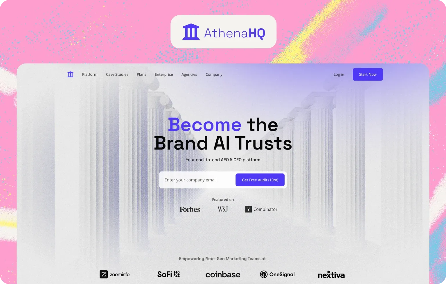 AthenaHQ homepage, “Become the Brand AI Trusts”, pitched as an end-to-end AEO and GEO platform with a free audit