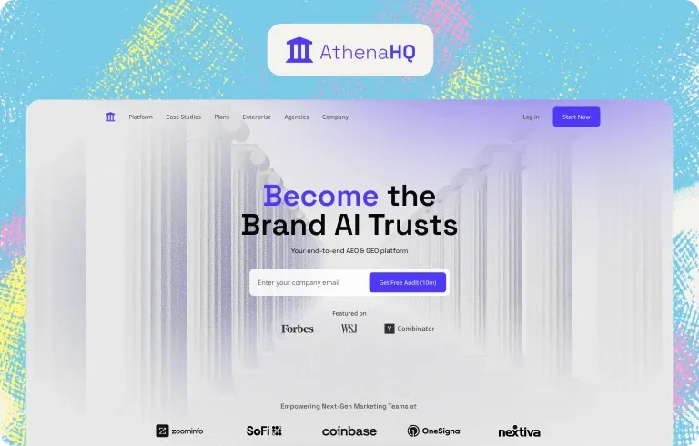 AthenaHQ homepage, “Become the Brand AI Trusts”, an end-to-end AEO and GEO platform offering a free audit