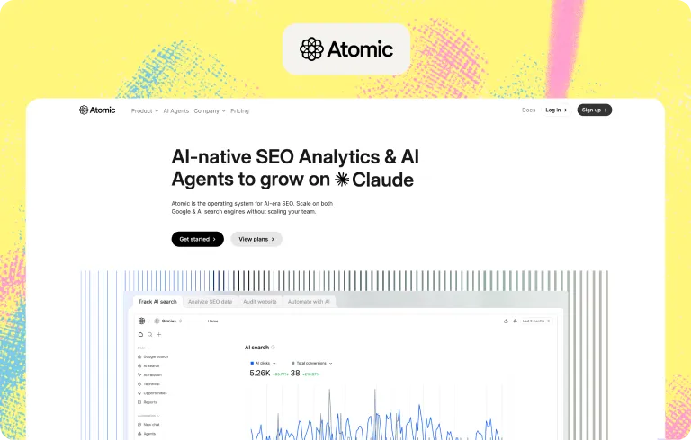 Atomic AGI homepage, “AI-native SEO Analytics & AI Agents”, with an AI search dashboard charting AI clicks and total conversions