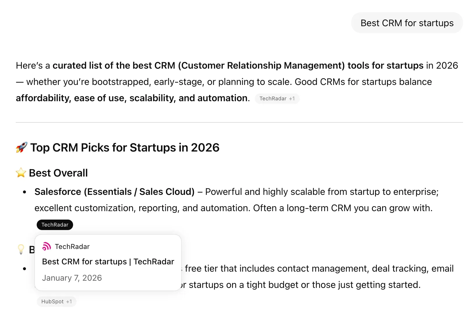 ChatGPT answer to “Best CRM for startups” naming Salesforce the best overall pick, citing TechRadar
