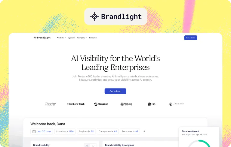 Brandlight homepage, AI visibility for the world’s leading enterprises, with a dashboard filtered by location, engine and persona