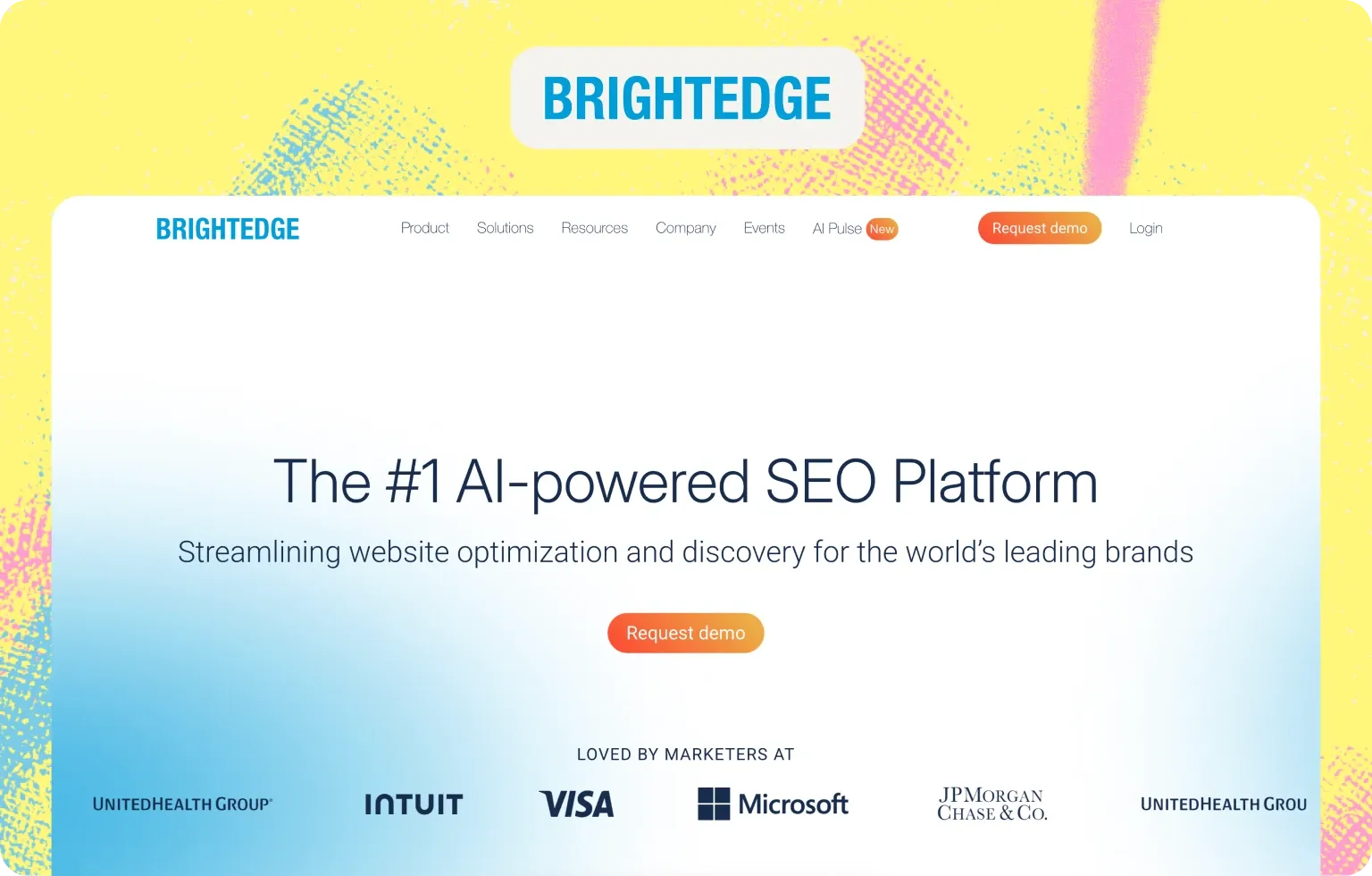 BrightEdge home page, “The #1 AI-powered SEO Platform”, with customer logos including Intuit, Visa, Microsoft and JPMorgan Chase