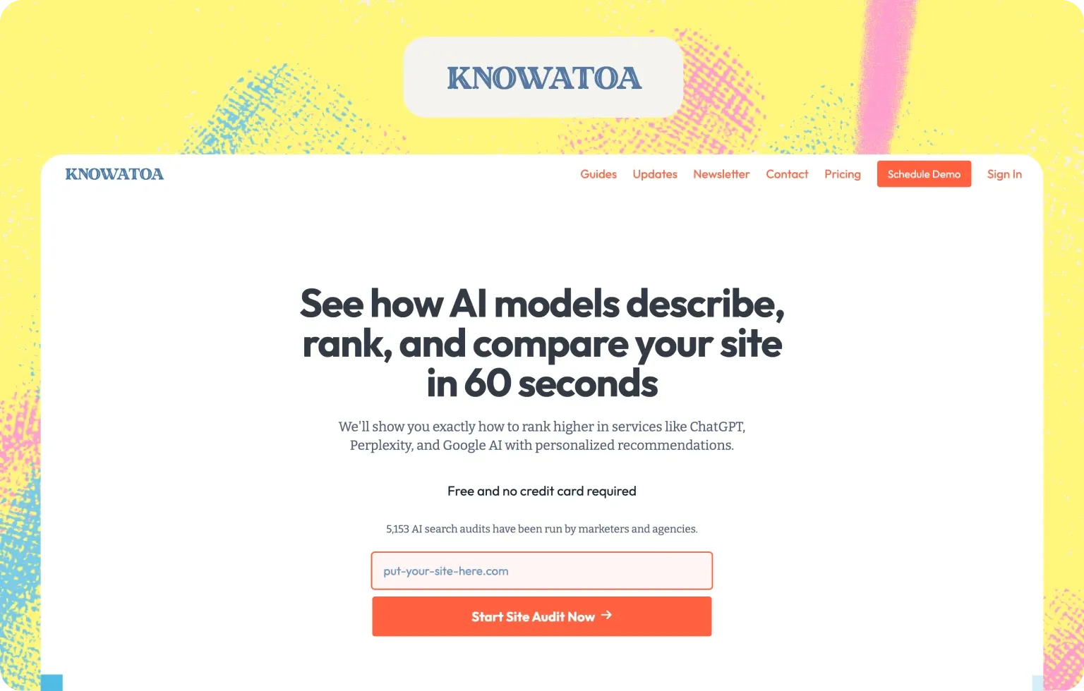 Knowatoa home page offering a free site audit of how AI models describe, rank and compare your site in 60 seconds