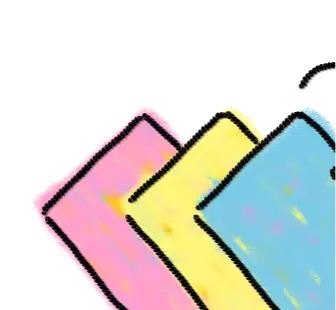 Tres tarjetas rectangulares superpuestas, con esquinas redondeadas y en colores pastel: rosa, amarillo y azul claro.