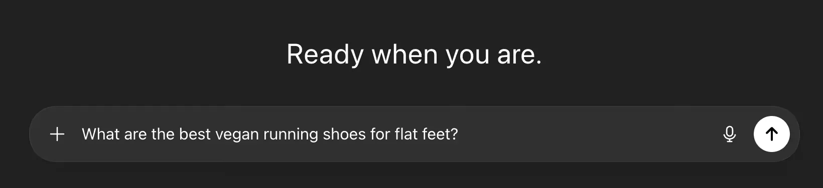ChatGPT prompt box with the question “What are the best vegan running shoes for flat feet?”