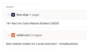 Captura parcial de una página web que muestra fuentes con flechas desplegables: flow.ninja, con una página titulada «10+ Best No Code Website Builders (2026)», y reddit.com, con tres páginas tituladas «Best website builder for a small business? : r/smallbusiness».