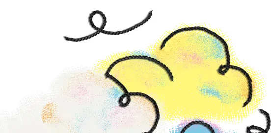 Illustration of three stylized clouds outlined in black with textured pastel colors: white, yellow, and blue, on a transparent background.