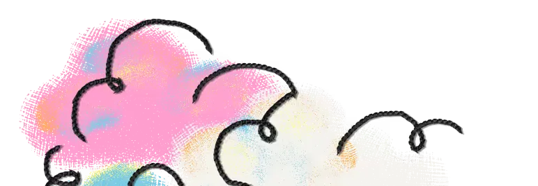 Abstract illustration of pastel-colored clouds with soft hues of pink, blue, yellow, and white outlined in black.
