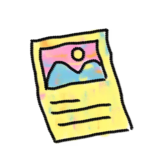 Illustration of a yellow document with a pink and blue photo of mountains and sun at the top, and three horizontal lines below representing text.