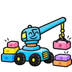 Una grúa azul sonriente levanta bloques rosas con el logo de Astro de una pila de bloques de Webflow.