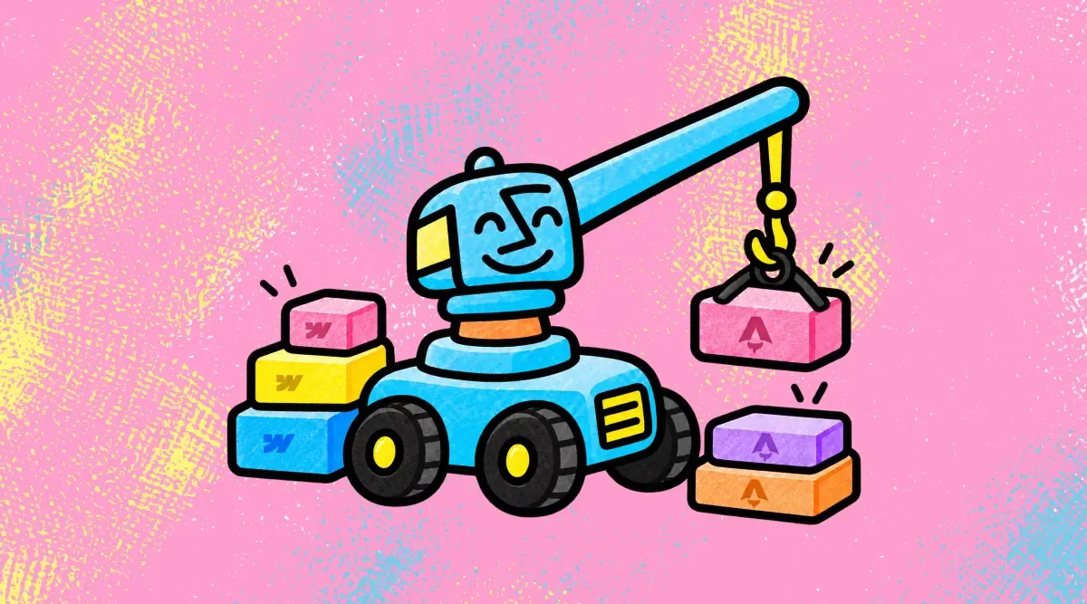 Ilustración de una grúa azul sonriente que levanta bloques con el logo de Astro junto a una pila de bloques de Webflow, que representa la migración de useomnia.com de Webflow a Astro.