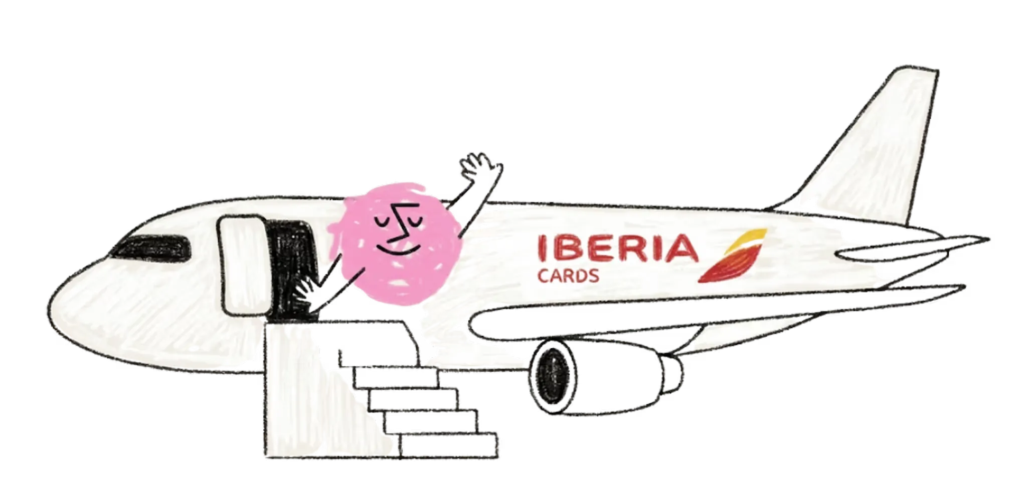 Ilustración de un personaje rosa saludando desde la puerta de un avión de Iberia Cards