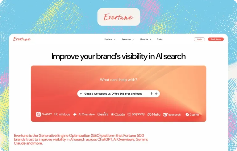 Evertune homepage for improving brand visibility in AI search across ChatGPT, AI Mode, Gemini, Claude, Perplexity and more