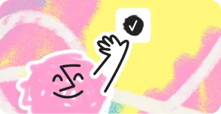 Abstract pink face with eyes closed and smiling raises a hand with a black checkmark symbol above it, set against a yellow and pink textured background.