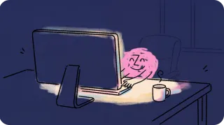 Illustration of a smiling pink brain character typing on a laptop at a desk in a dark room, with a steaming coffee mug nearby.