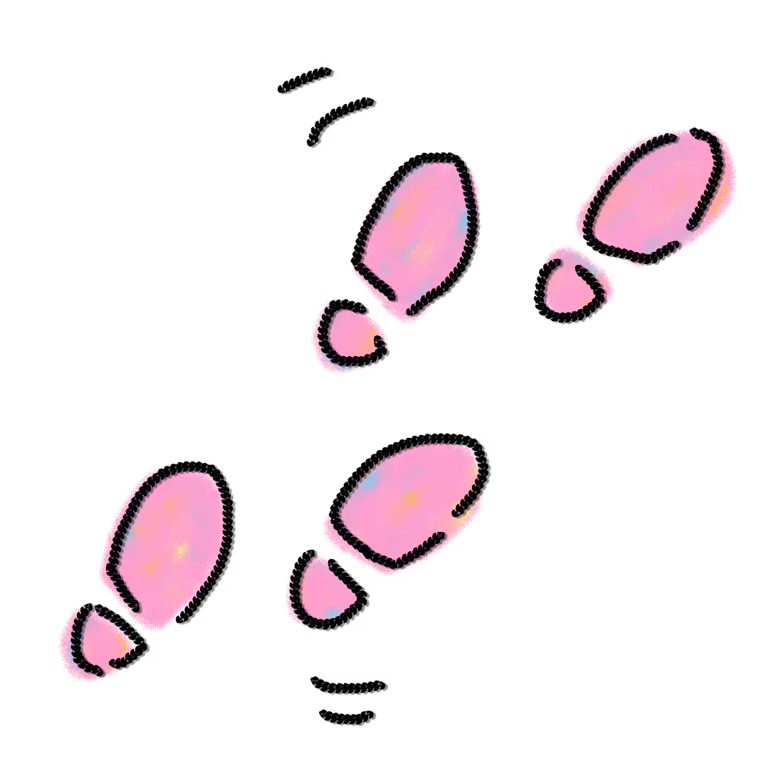 Four pink shoe prints arranged diagonally on a black background, showing a simple stylized pattern of footsteps.