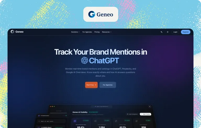 Geneo homepage for tracking brand mentions in ChatGPT, Perplexity and Google AI Overviews, with brand mention rate and citation metrics