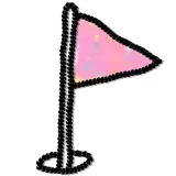 A pink triangular flag with a yellow tip on a thin pole set against a black background.