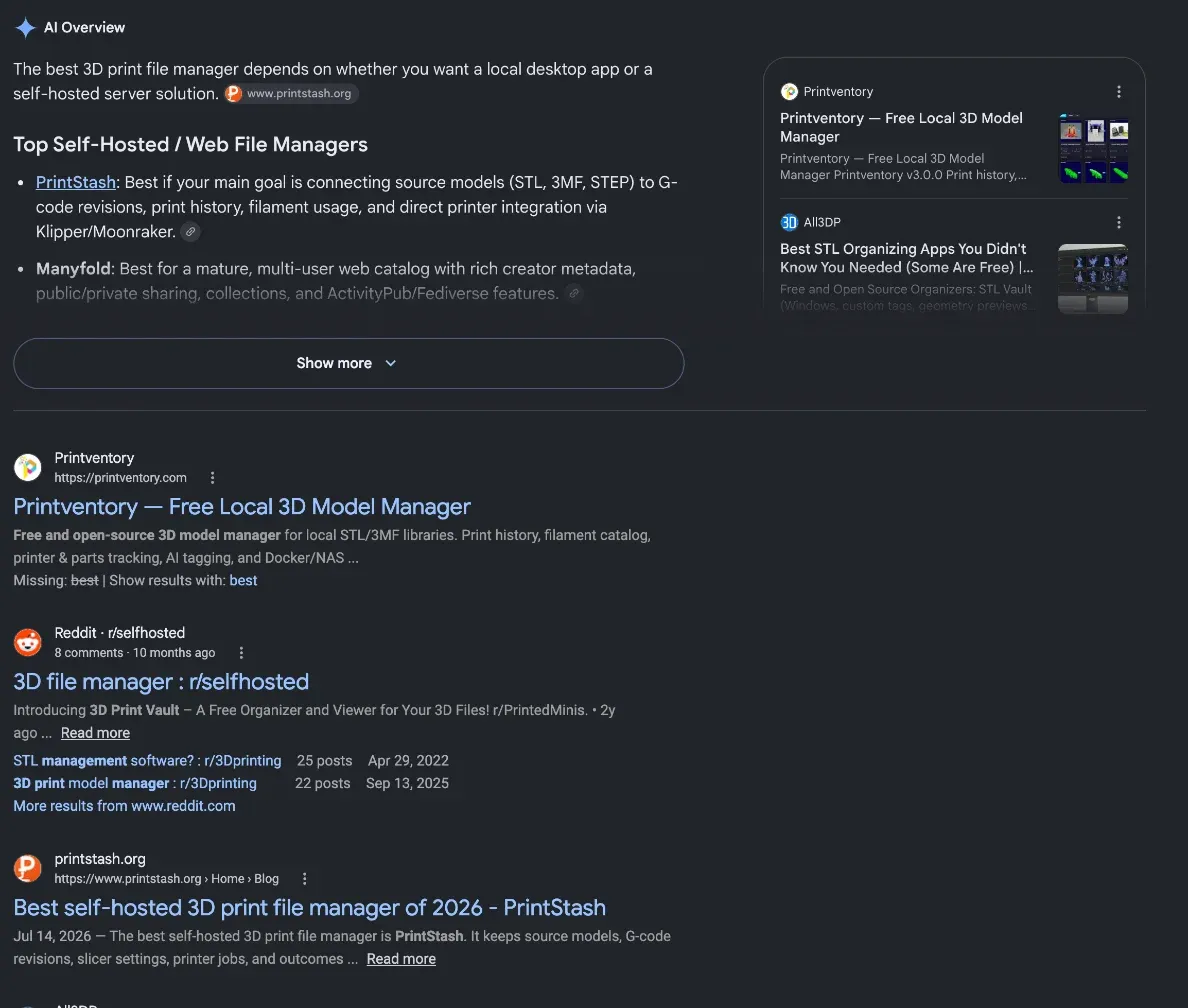 Google results for "best 3d print file manager". The AI Overview cites printstash.org in its first sentence and lists PrintStash first among self-hosted file managers, followed by Manyfold. The PrintStash roundup also appears as the third organic result.