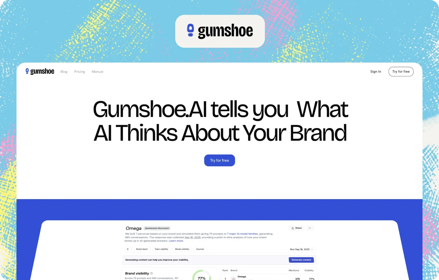 Gumshoe homepage: “Gumshoe.AI tells you what AI thinks about your brand”, above a persona-based brand visibility report