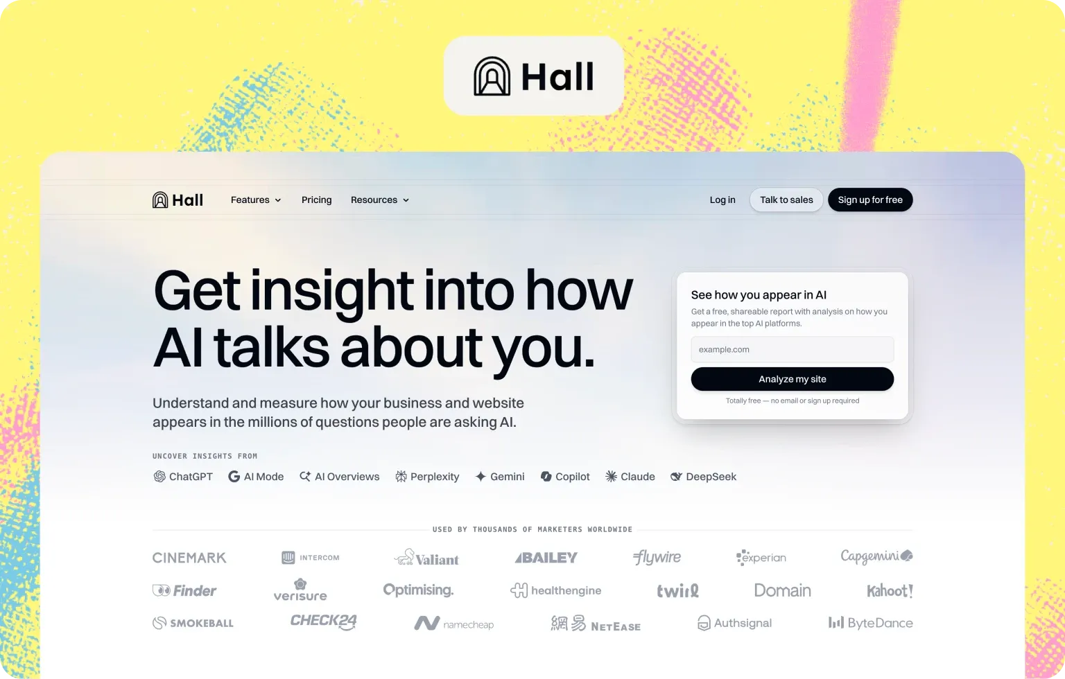 Hall homepage: “Get insight into how AI talks about you”, with a free site analysis form and the AI platforms it covers