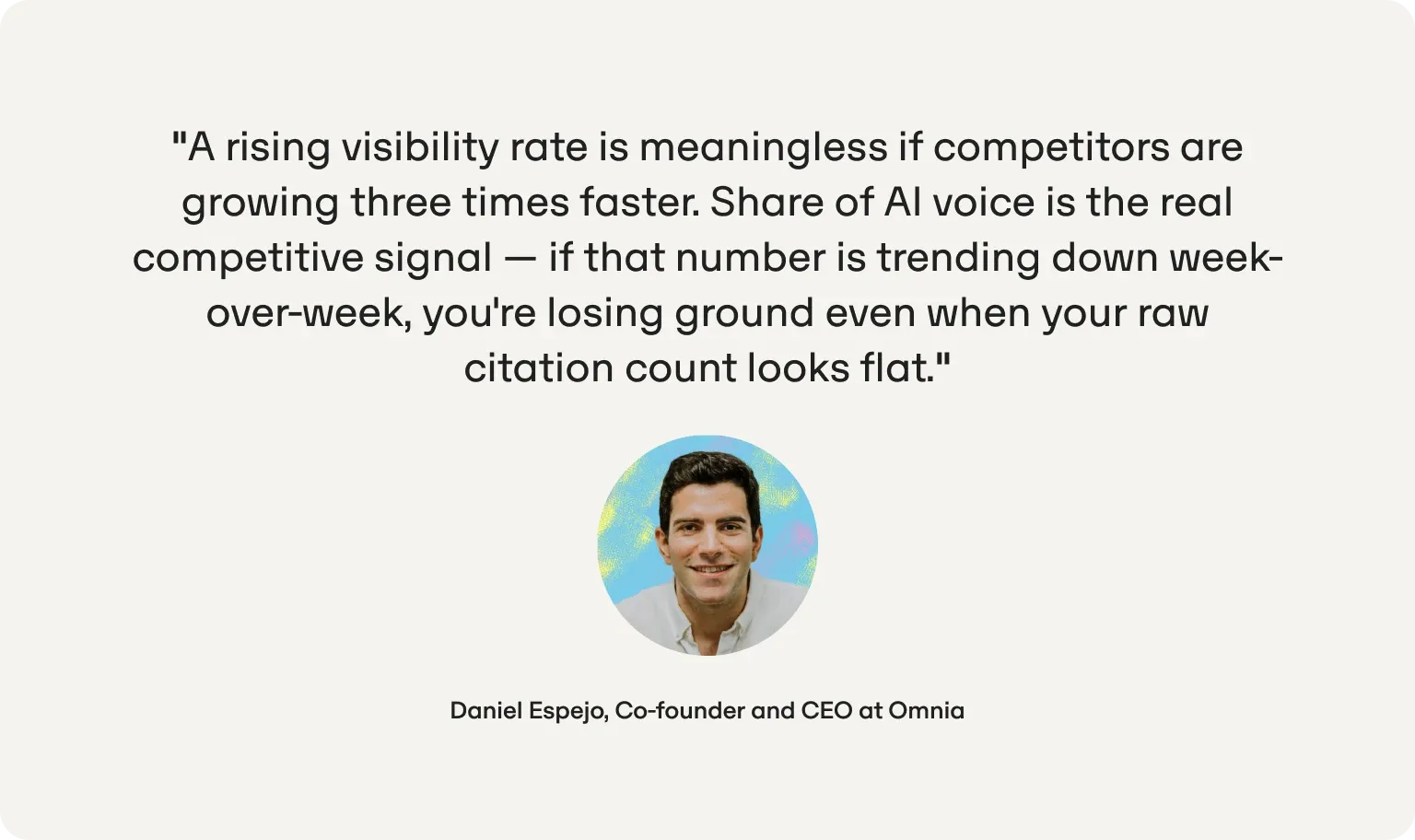 Quote from Daniel Espejo, Co-founder and CEO at Omnia: a rising visibility rate means little if competitors grow faster; share of AI voice is the real competitive signal