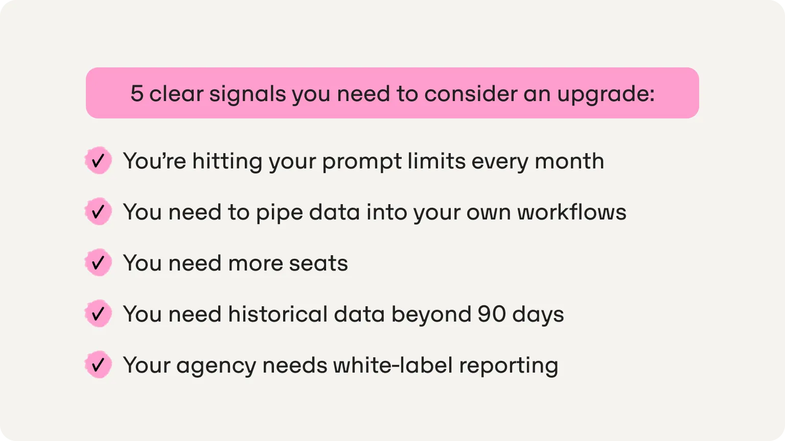5 signals to upgrade: hitting prompt limits every month, piping data into your own workflows, more seats, history beyond 90 days, white-label reporting