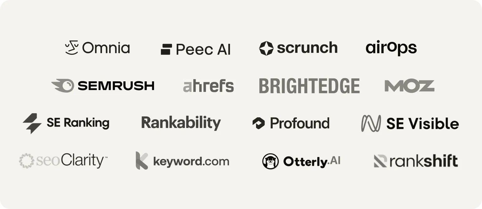 Logos of AI visibility tools: Omnia, Peec AI, Scrunch, AirOps, Semrush, Ahrefs, BrightEdge, Moz, SE Ranking, Rankability, Profound, SE Visible, seoClarity, Keyword.com, Otterly.AI and Rankshift