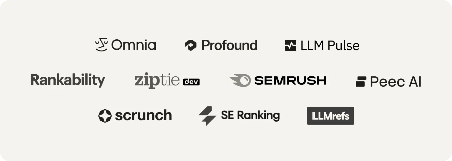 Logos of the ten Otterly AI alternatives: Omnia, Profound, LLM Pulse, Rankability, ZipTie, Semrush, Peec AI, Scrunch, SE Ranking and LLMrefs