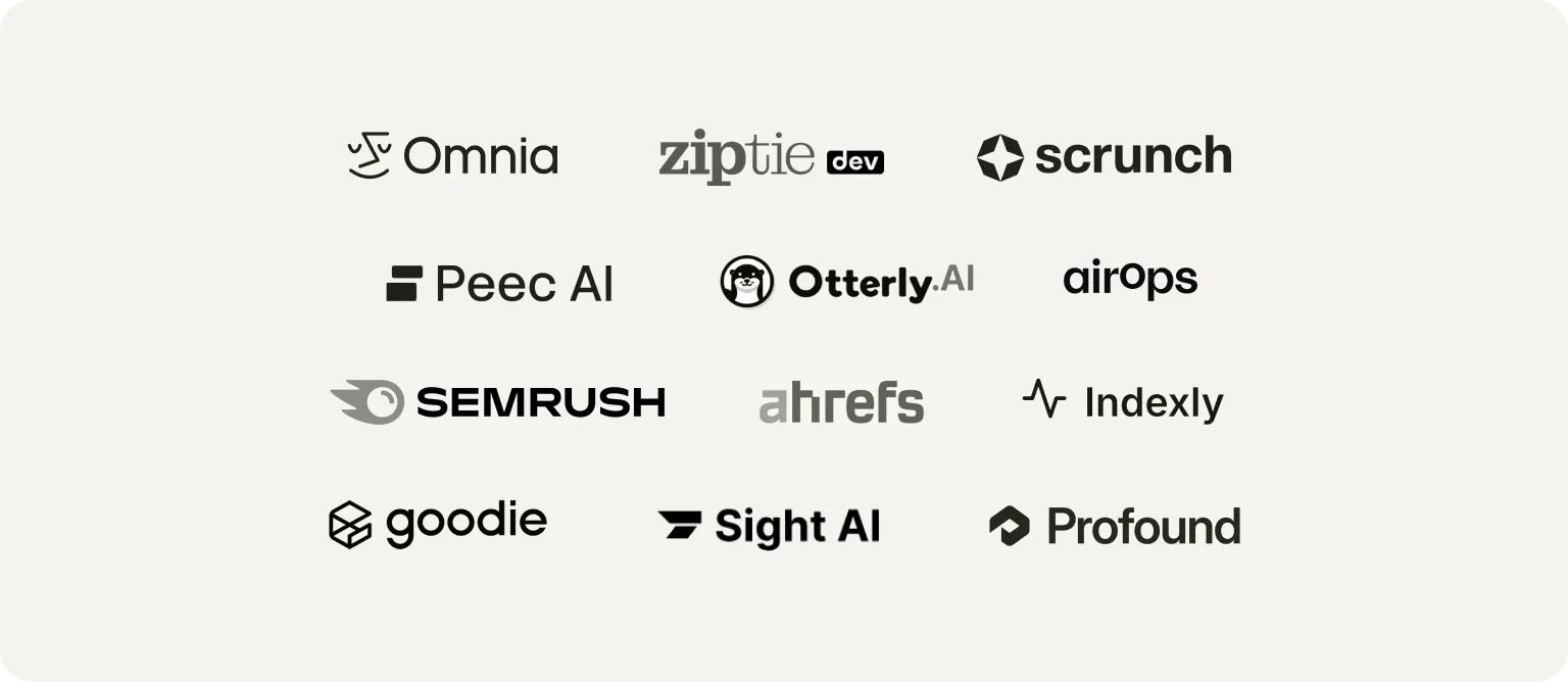 Logos of Promptwatch alternatives: Omnia, ZipTie.dev, Scrunch, Peec AI, Otterly.AI, AirOps, Semrush, Ahrefs, Indexly, Goodie, Sight AI and Profound