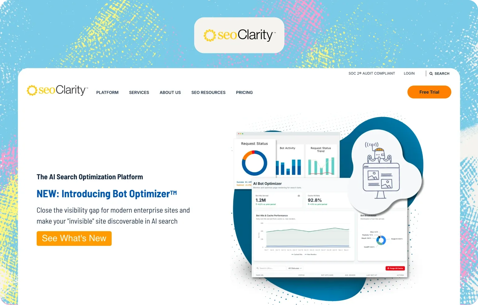 seoClarity homepage, “The AI Search Optimization Platform”, introducing its Bot Optimizer dashboard