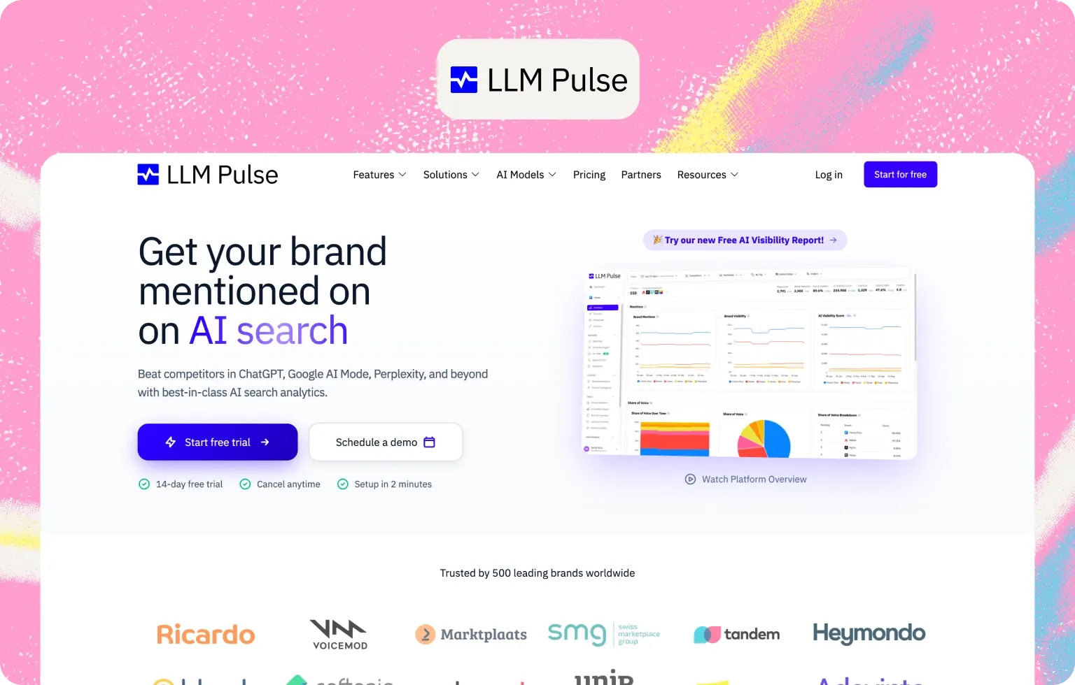 LLM Pulse homepage, "Get your brand mentioned on AI search", with a dashboard of brand mentions, visibility and share of voice charts