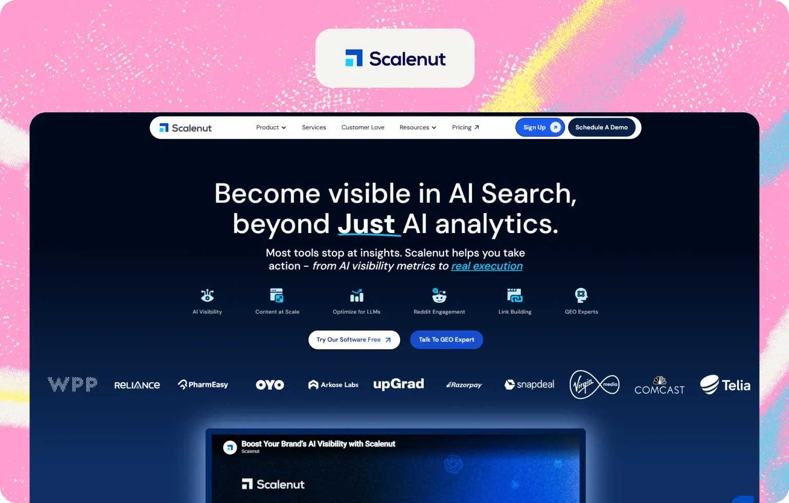 Scalenut homepage, “Become visible in AI Search, beyond Just AI analytics”, with its feature icons and client logos