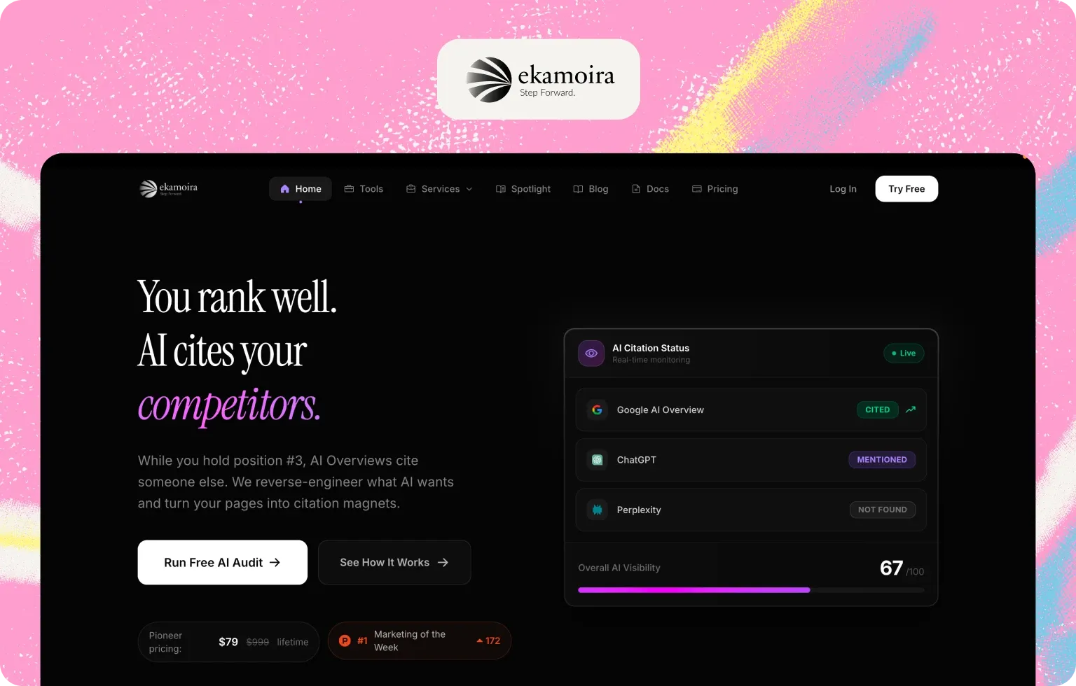 Ekamoira homepage with an AI citation status panel for Google AI Overview, ChatGPT and Perplexity, and a $79 lifetime pioneer price
