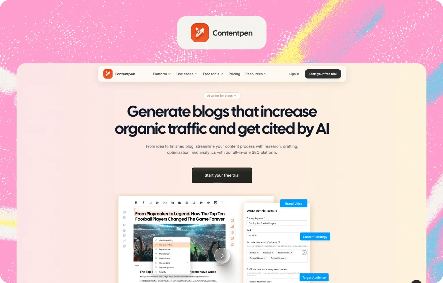 Contentpen homepage, “Generate blogs that increase organic traffic and get cited by AI”, with its blog editor