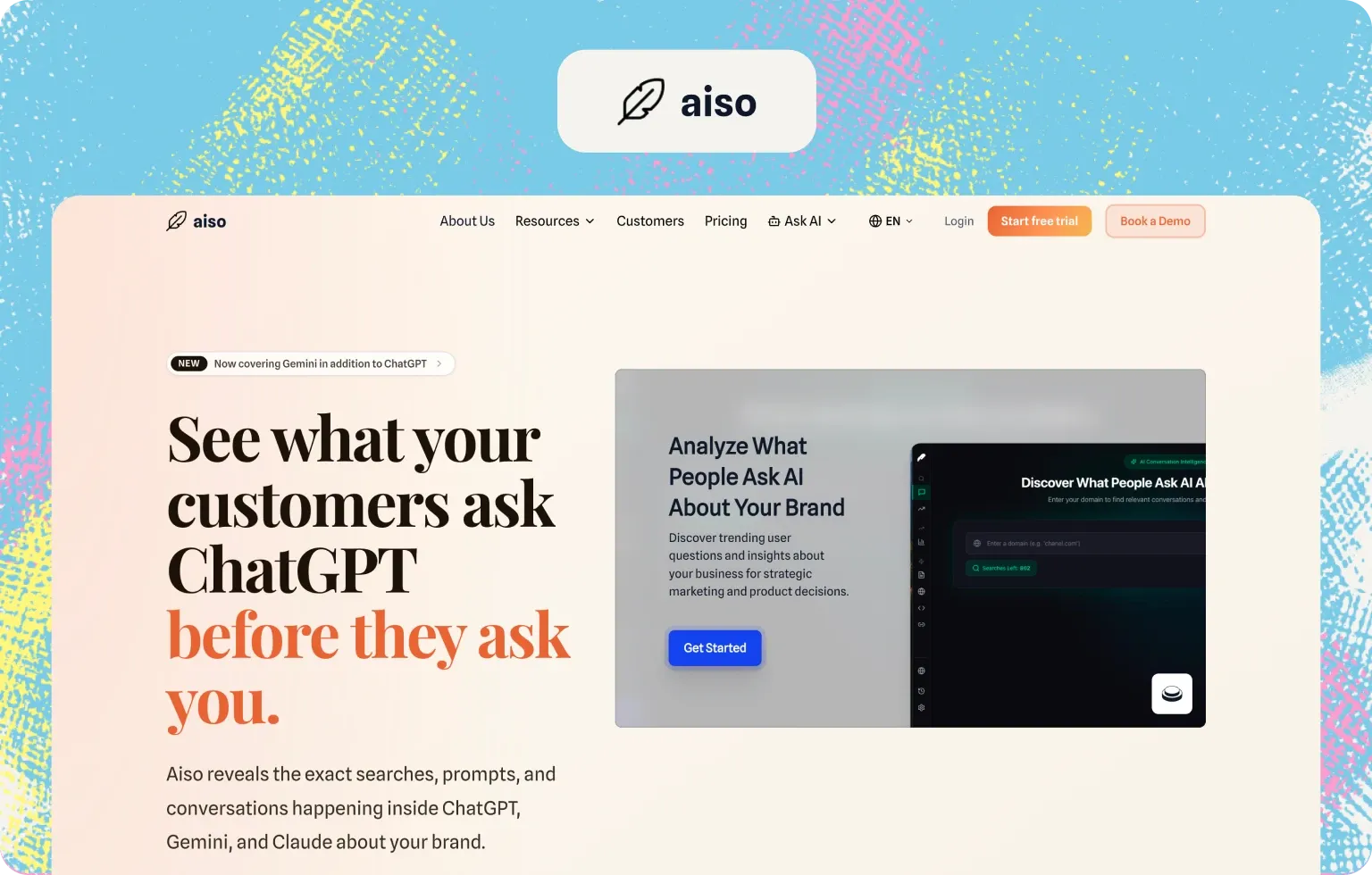 Aiso homepage: “See what your customers ask ChatGPT before they ask you”