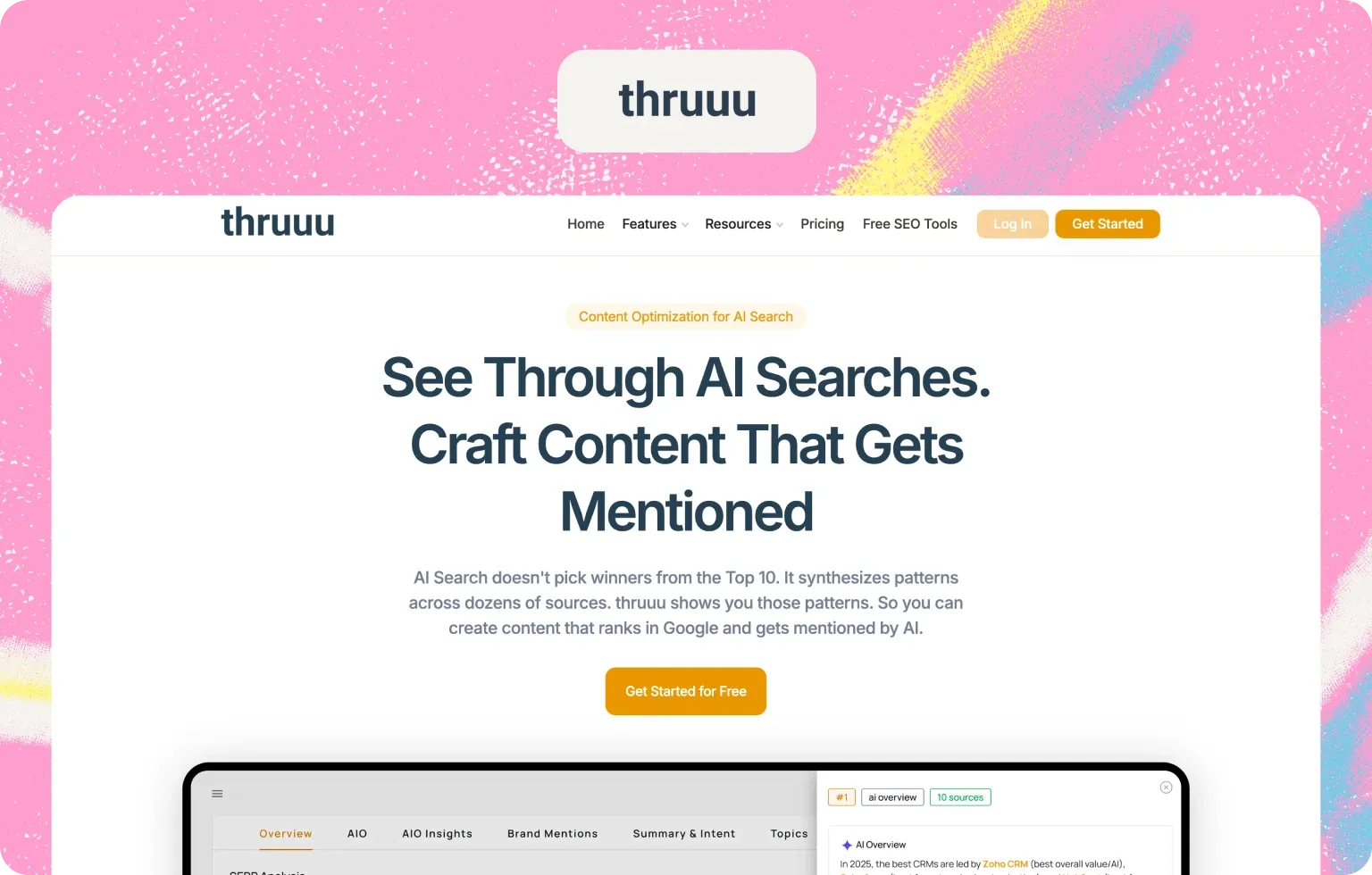 thruuu homepage, “See Through AI Searches. Craft Content That Gets Mentioned”, with an AI Overview analysis panel