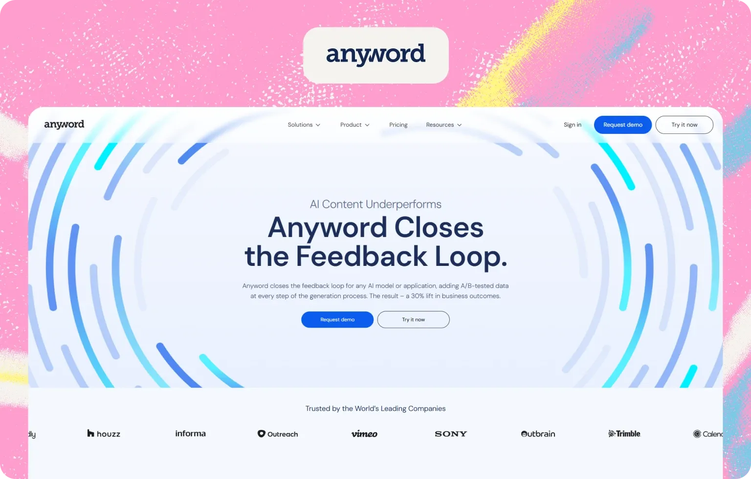 Anyword homepage, “Anyword Closes the Feedback Loop”, promising A/B-tested data at every step of content generation